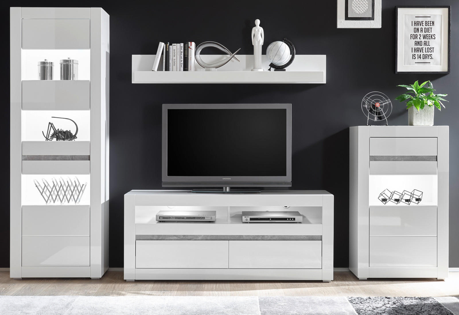 WOHNWAND 4-teilig Hochglanz weiß 302 cm, Anbauwand mit Soft-Close - Weiß Hochglanz/Weiß, Glas/Holzwerkstoff (302/198/42cm) - Furn.Design