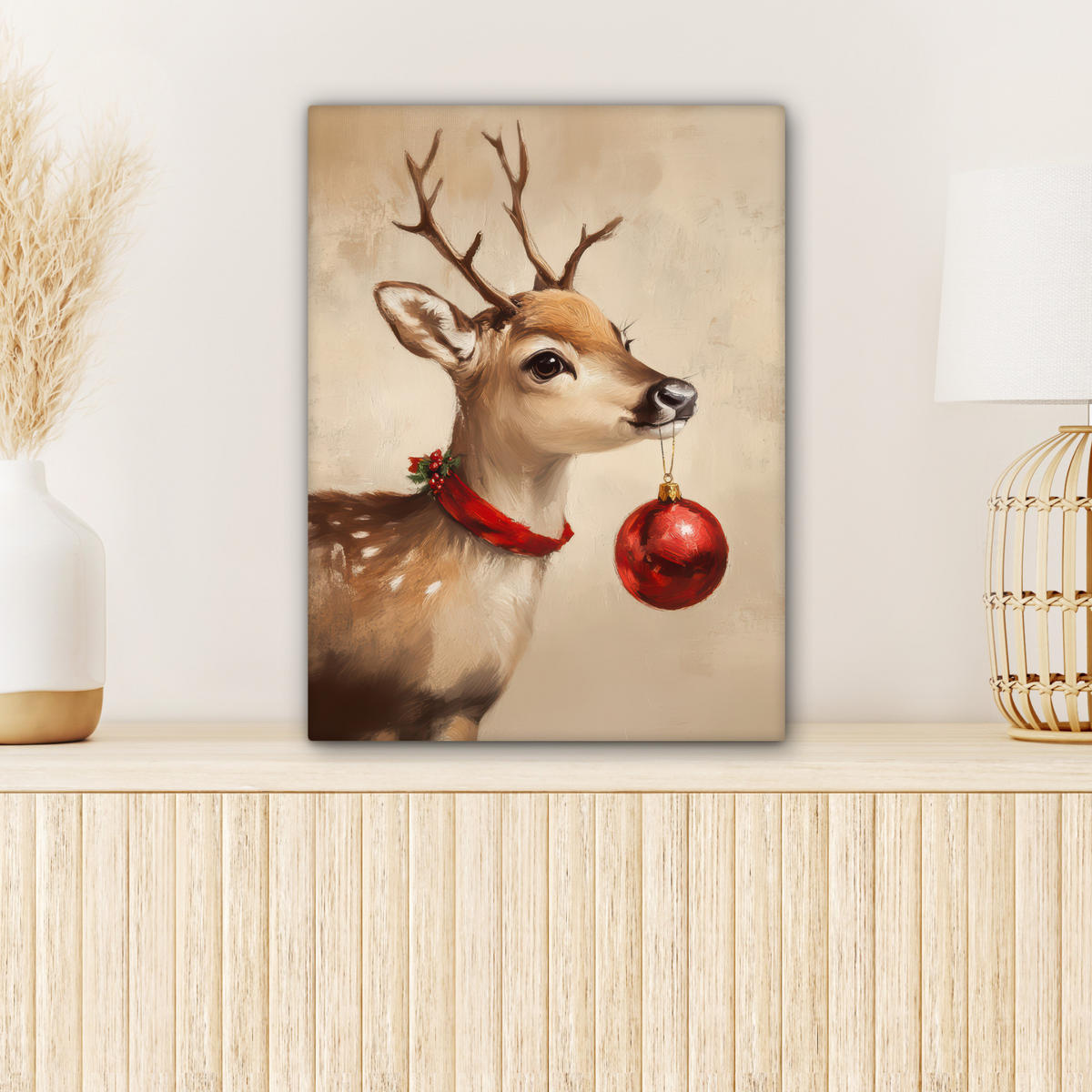 LEINWANDBILD Weihnachten - Hirsch - Geweih - Weihnachtskugel - Rentier 30x40 cm - Hellbraun, Textil (30/40cm) - MuchoWow