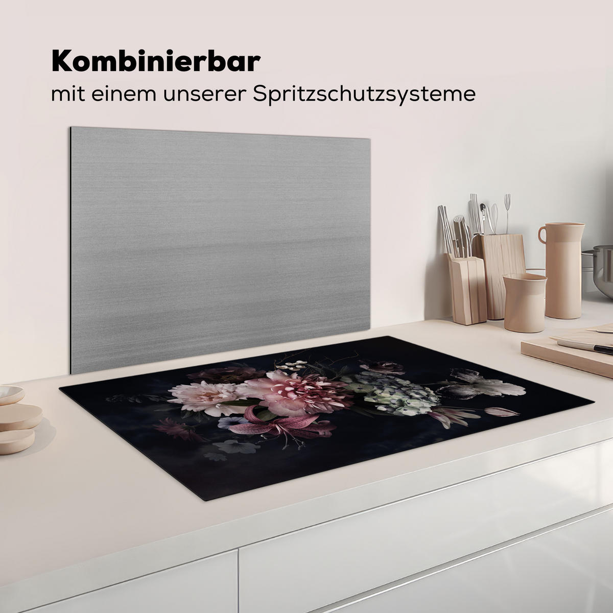 KRYT NA INDUKČNÍ DESKU Květiny - Vintage - pastelové - růžové - bílé 85x52 cm - starorůžová, plast (85/52/0.2cm) - MuchoWow