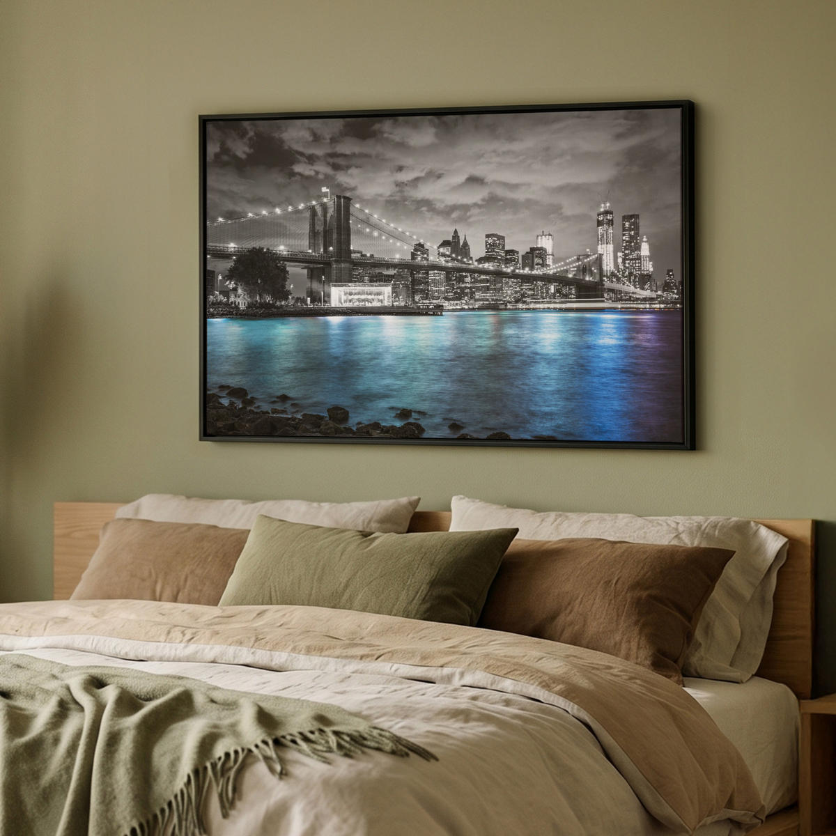 LEINWAND Bilder mit Rahmen - New York - Skyline - Stadt - Blau - 90x60 - Blaugrau, Textil (90/60cm) - MuchoWow