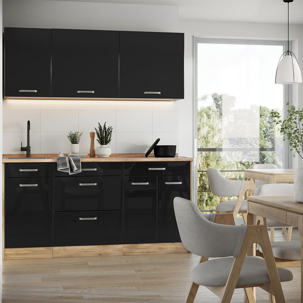 SINGLEKÜCHE R-Line, Schwarz Hochglanz/Goldkraft Eiche, 160 cm Arbeitsplatte Anthrazit - Honigeiche/Schwarz Hochglanz, Holzwerkstoff (160/81.6/60cm) - Vicco