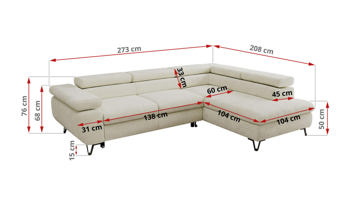 ECKSOFA PABLO L Creme Schenille glatt - Rechts Seite - Creme/Schwarz, Textil/Metall (273/208cm) - MKS