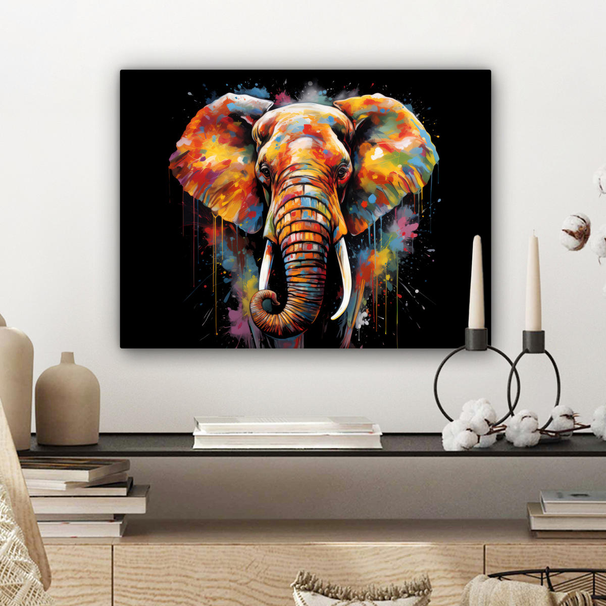LEINWANDBILD Elefant - Graffiti - Schwarz - Tiere - Farben 40x30 cm - Schwarz, Textil (40/30cm) - MuchoWow