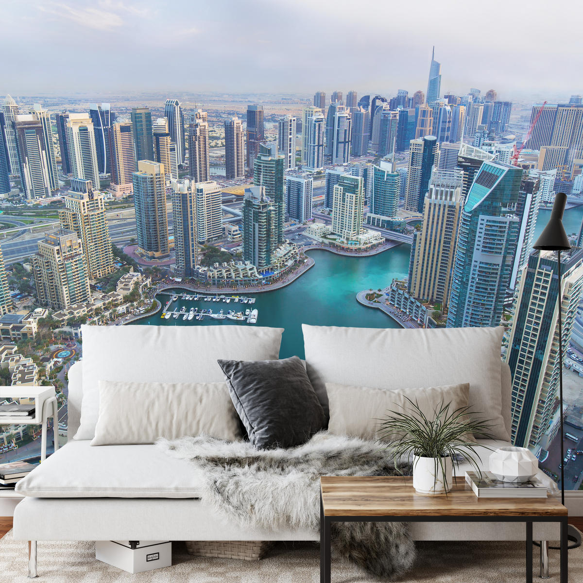 FOTOTAPETE für Wohnzimmer Dubai Vogelperspektive Wolkenkratzer 450x315 - Türkis/Blau, Papier (450/315cm) - Muralo