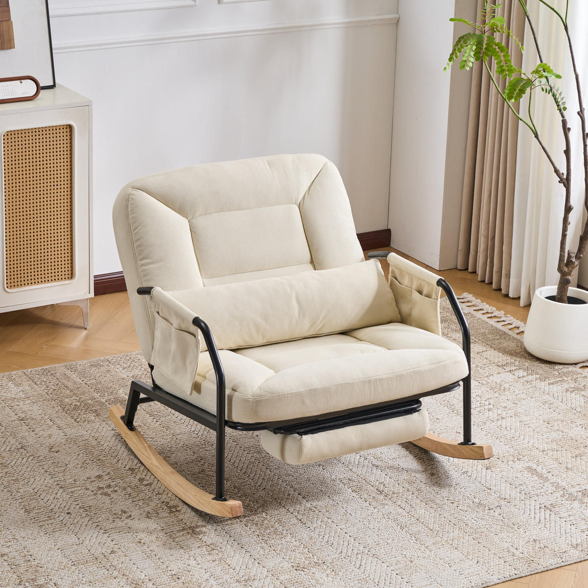 SCHAUKELSTUHL Beige Cord mit Fußstütze und Lendenkissen - Beige, Textil (87/89/88cm) - Oxeza