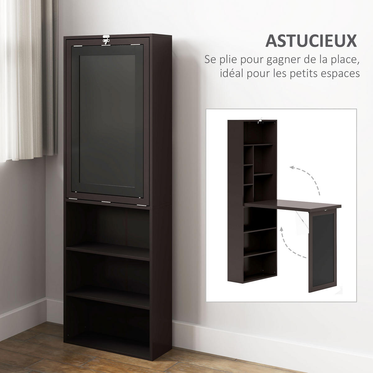 SCHREIBTISCH Kieferfarben wandmontiert klappbar mit Regal und Kreidetafel 98/51/153 cm - Braun, Holzwerkstoff (51/98/153cm) - PANGIVO