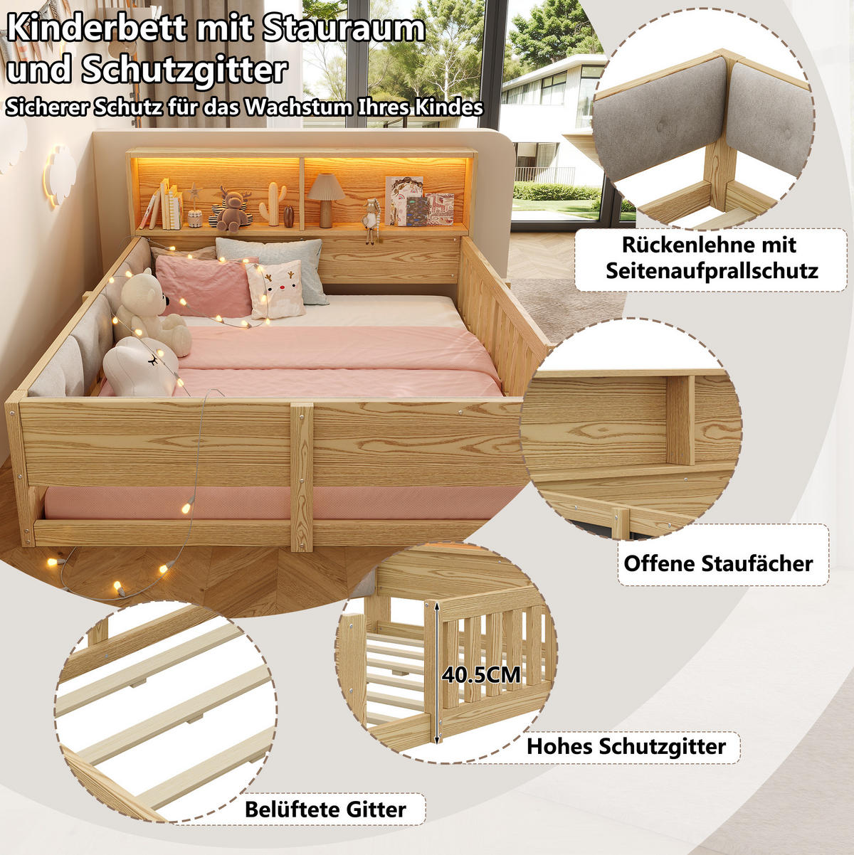 KINDERBETT aus Spanplatte & Plüsch 140x200 cm Natur mit Gitter, LED und Stauraum - Naturfarben, Holzwerkstoff (140/200cm) - Modfu