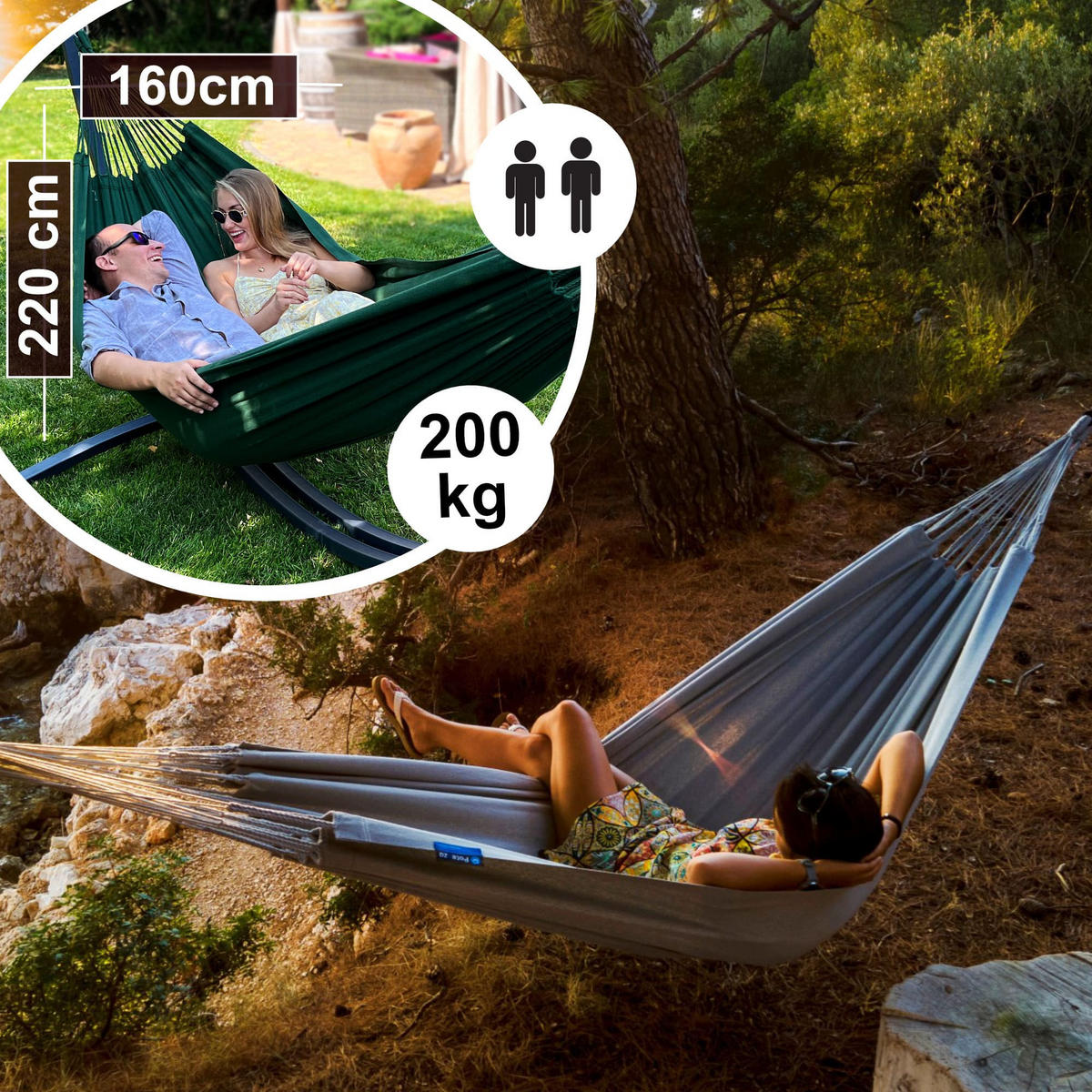 HÄNGEMATTE mit Gestell, 2 Personen, XXL, Tytan Rahmen bis 350 kg, Metall, Merida Grau, einfache Montage - Grau, Metall (370/130/120cm) - Potenza