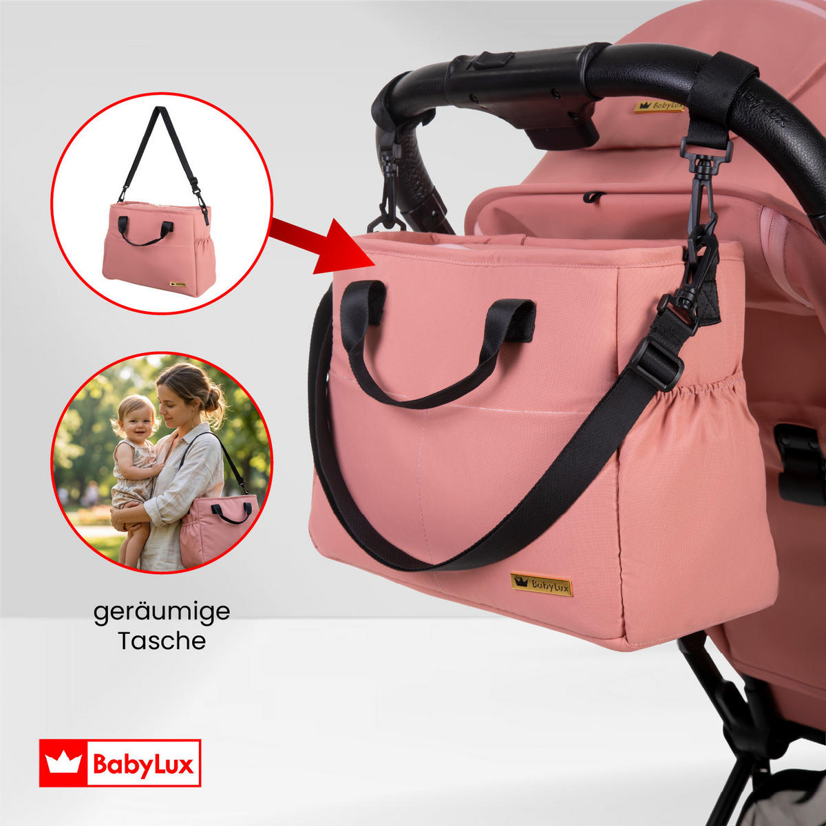 BUGGY Giau, Klein und Leicht, Teleskopische Führung, Kompakt Faltbar, Wickeltasche, Reisetasche - Schwarz/Rosa, Textil/Metall (58/98cm) - BabyLux