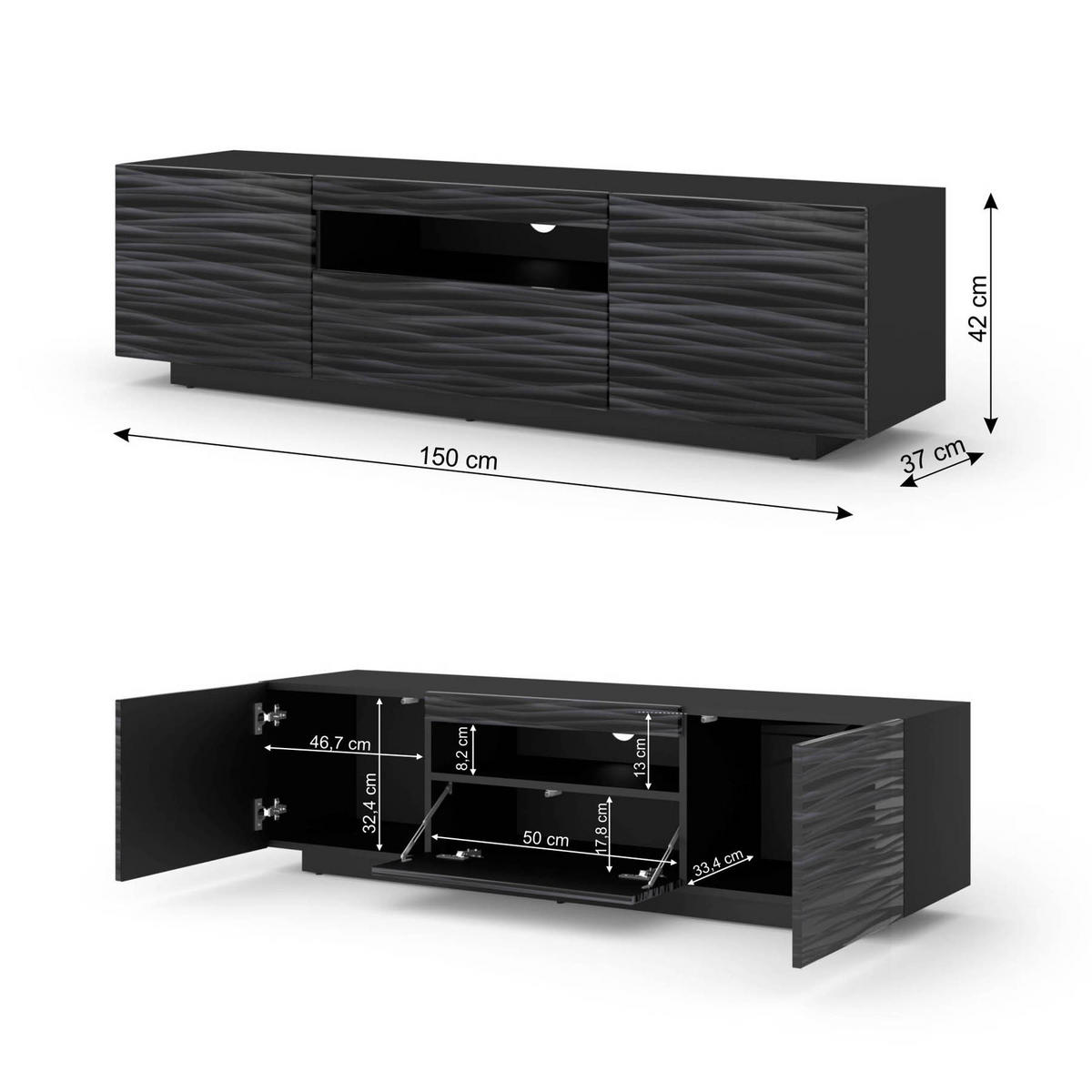 TV LOWBOARD Schwarz Hochglanz 150/42/37 - Schwarz Hochglanz, Holzwerkstoff (150/42/37cm) - RAUMHIRSCH FURNITURE