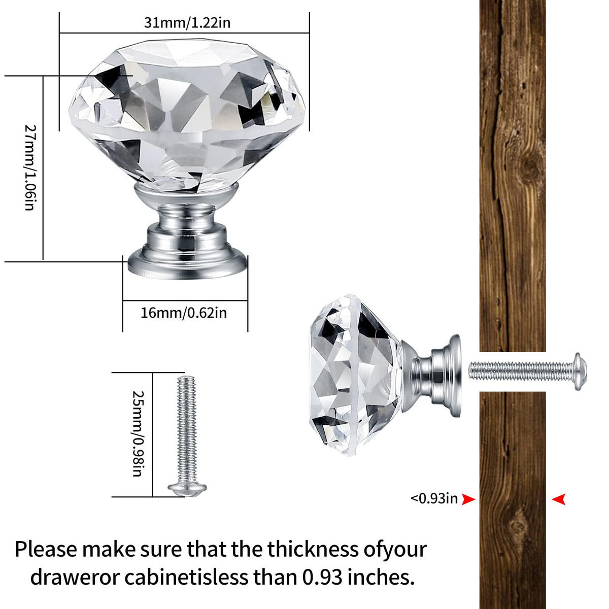 SCHRANKKNOPF Kristall 8er-Set 30 mm - Transparent, Metall (3.1/2.7/3.1cm)