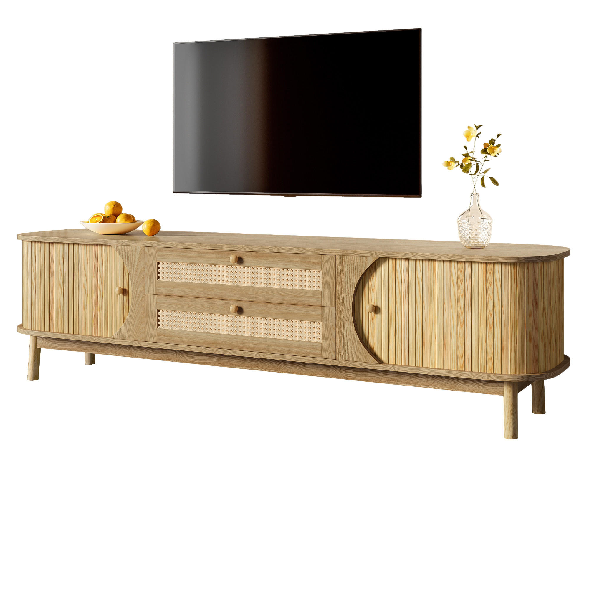 STILVORA TV STOLEK v přírodním dekoru s dvířky, zásuvkami, úložným prostorem a ratanovými boky, 170×39,5×46 cm