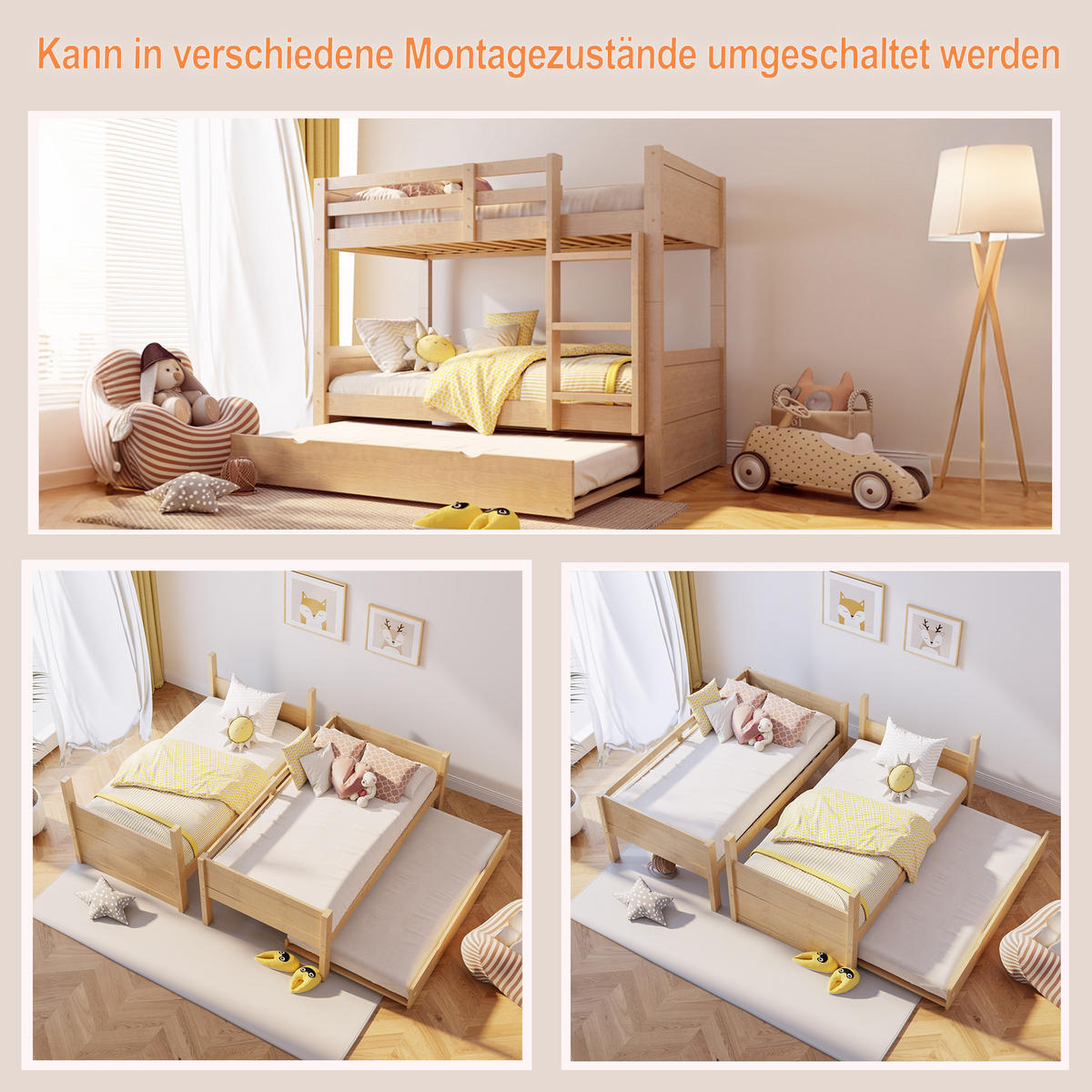 ETAGENBETT mit Ausziehbett 90x200 cm Holz 3-in-1 - Birnbaumfarben, Holz (90/200cm) - Meubliv
