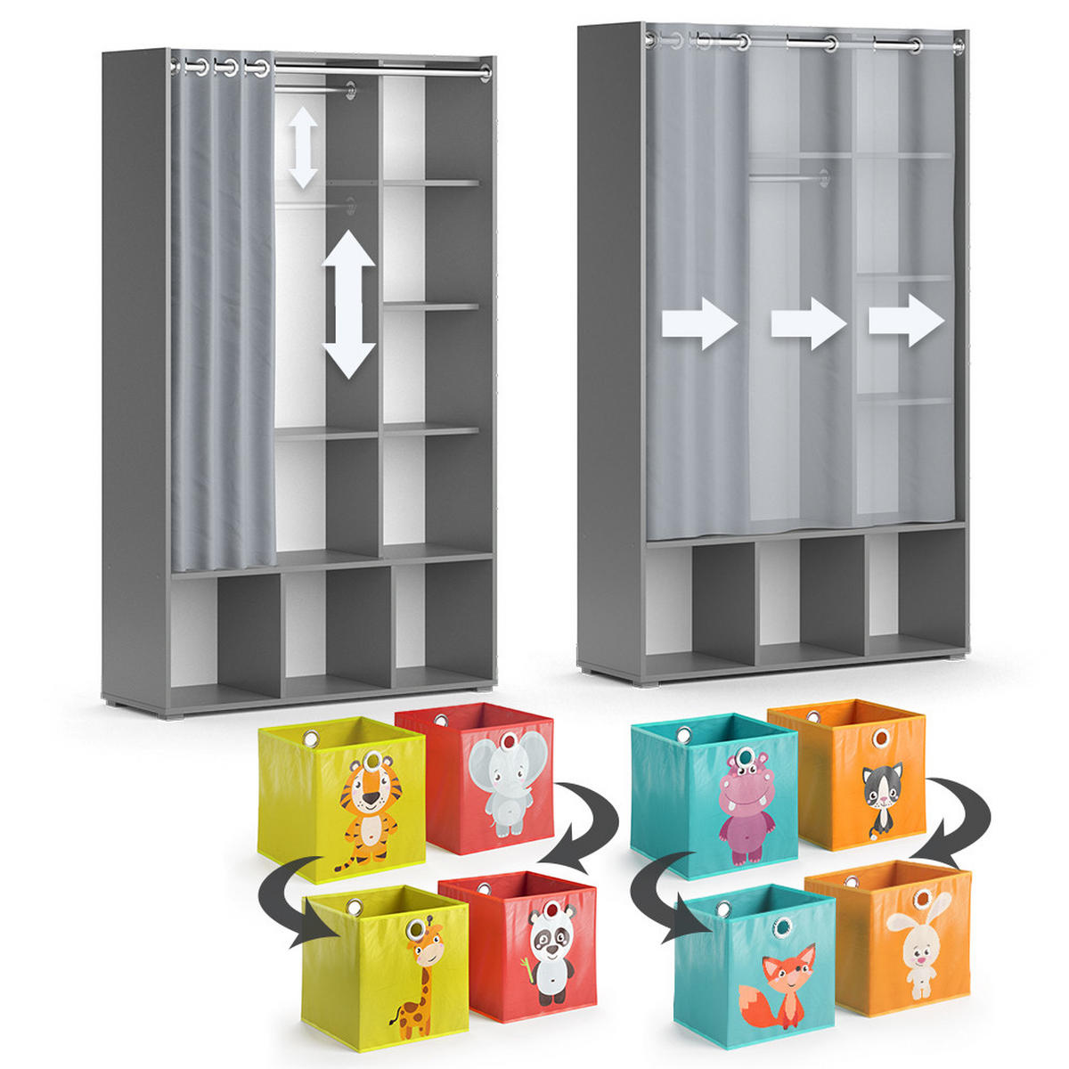 KINDERKLEIDERSCHRANK Luigi Grau 105.8 x 178.1 cm Mit Faltboxen (bunt) - Multicolor/Grau, Holzwerkstoff (105.8/178.1/38cm) - Vicco