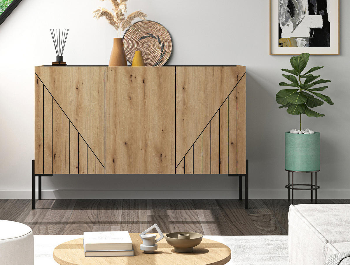 SIDEBOARD Evoke Eiche, Kommode 120 x 81 cm mit Soft-Close - Eichefarben/Schwarz, Holzwerkstoff/Metall (120/81/40cm) - Inn.Furn