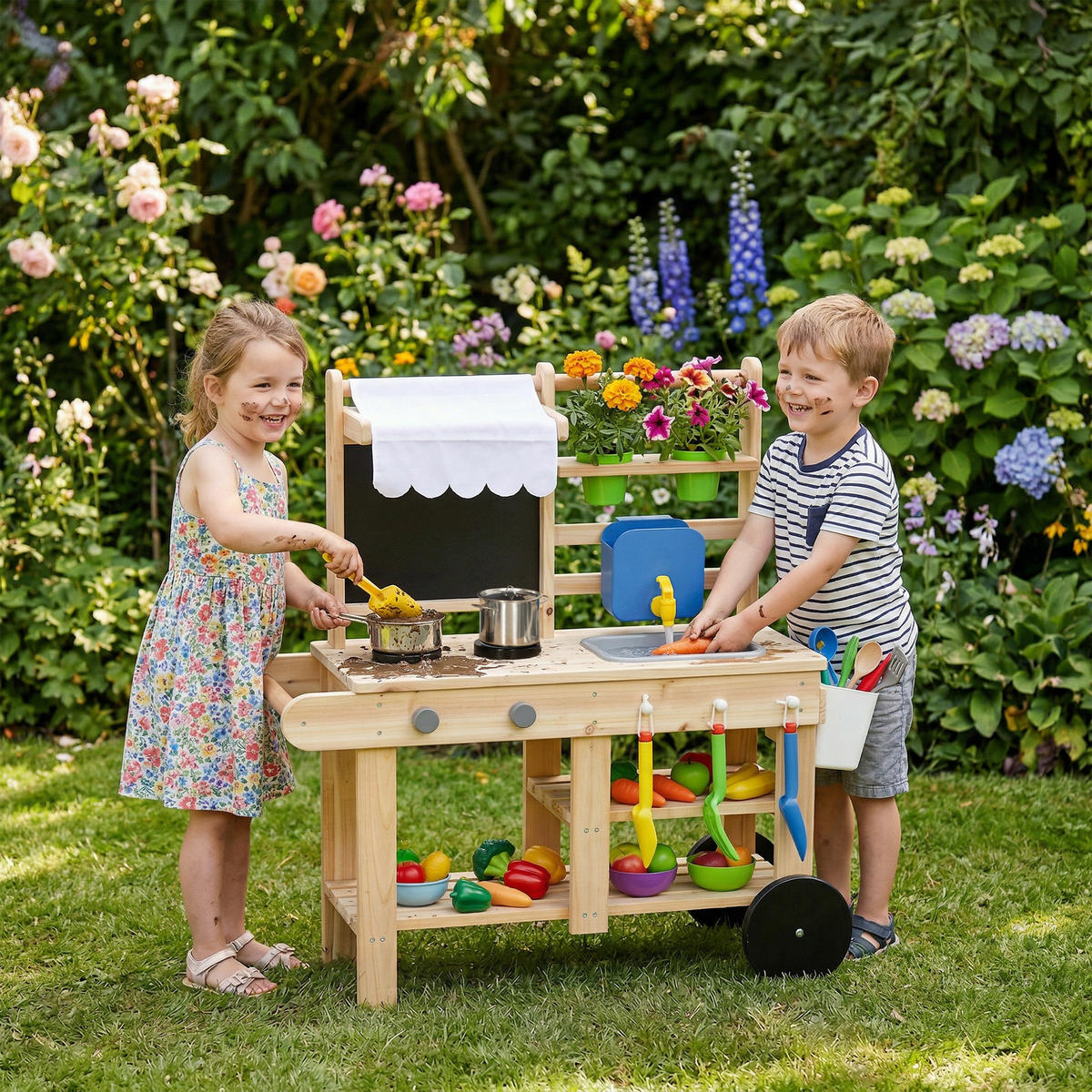 OUTDOOR-KINDER-MATSCHKÜCHE Tannenholz Edelstahl Naturholz - Naturfarben, Holz (34.4/84.2cm) - AIYAPLAY