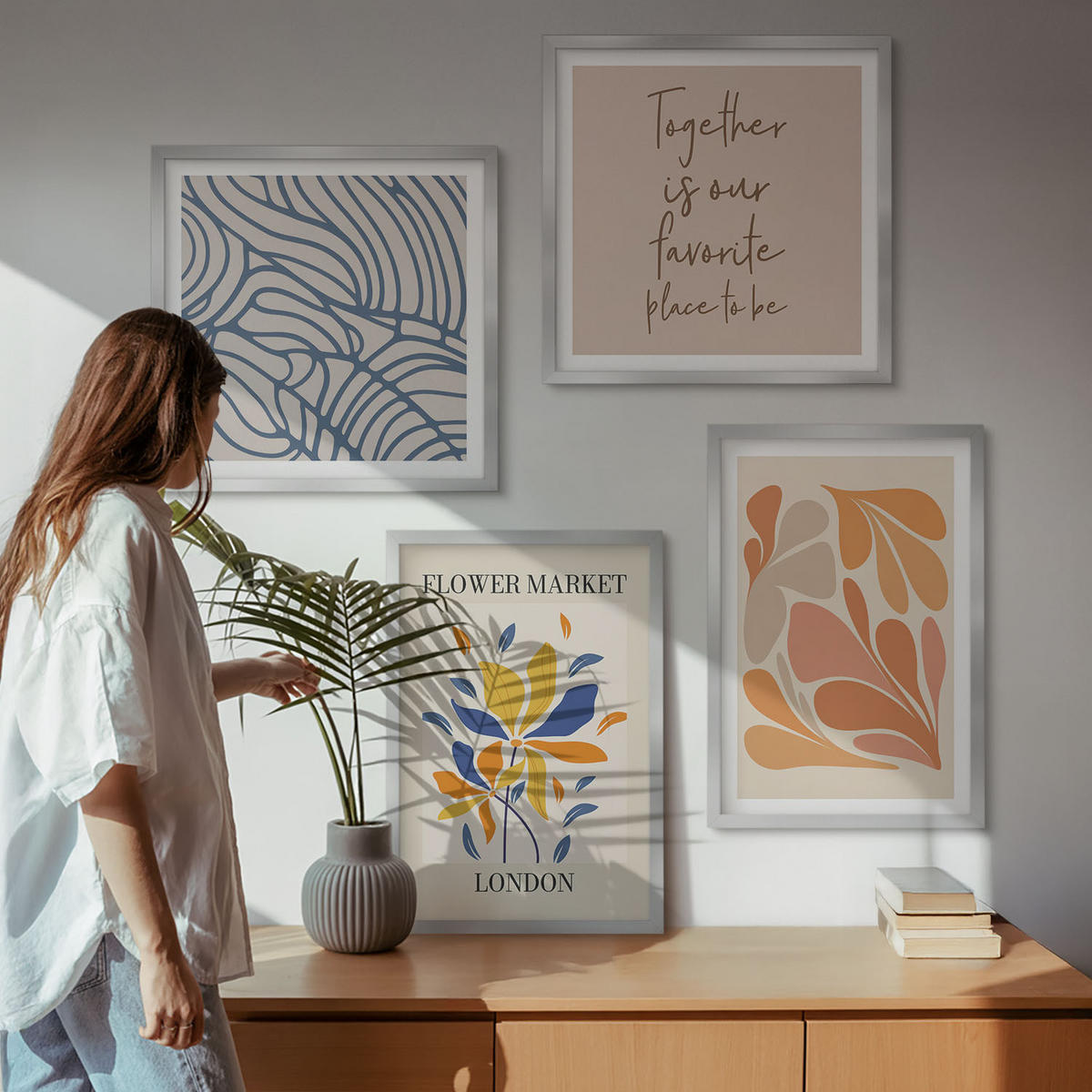WANDBILDER 4er Set - 50x50 cm & 40x60 cm Silberner Rahmen - Moderne abstrakte Blumen - Silberfarben, Kunststoff (50/50cm) - ArtPrintCave