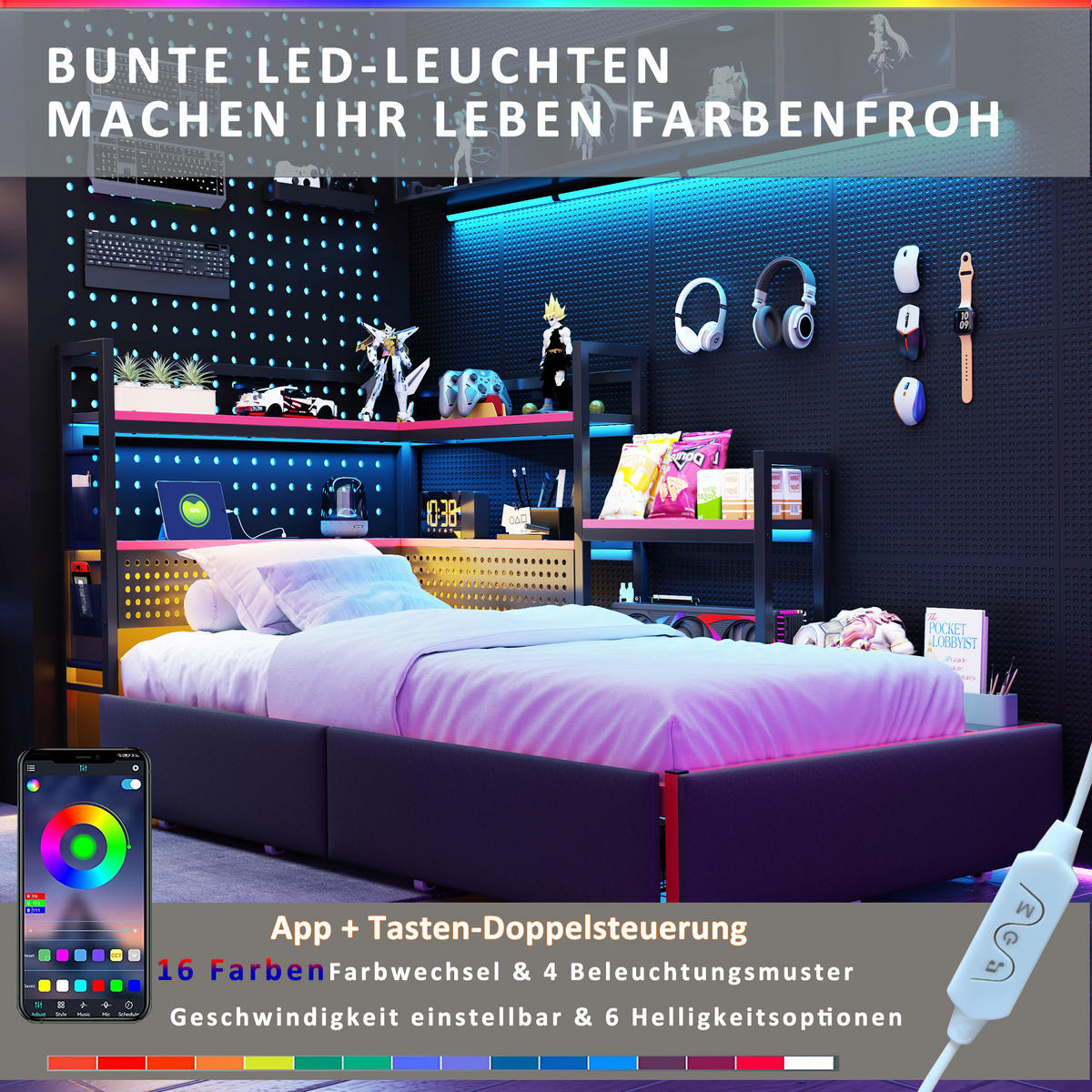 METALLBETT 90/200 cm in Schwarz mit Schubladen, LED, USB und Lochwand - Schwarz, Metall (90/200cm) - WISHDOR