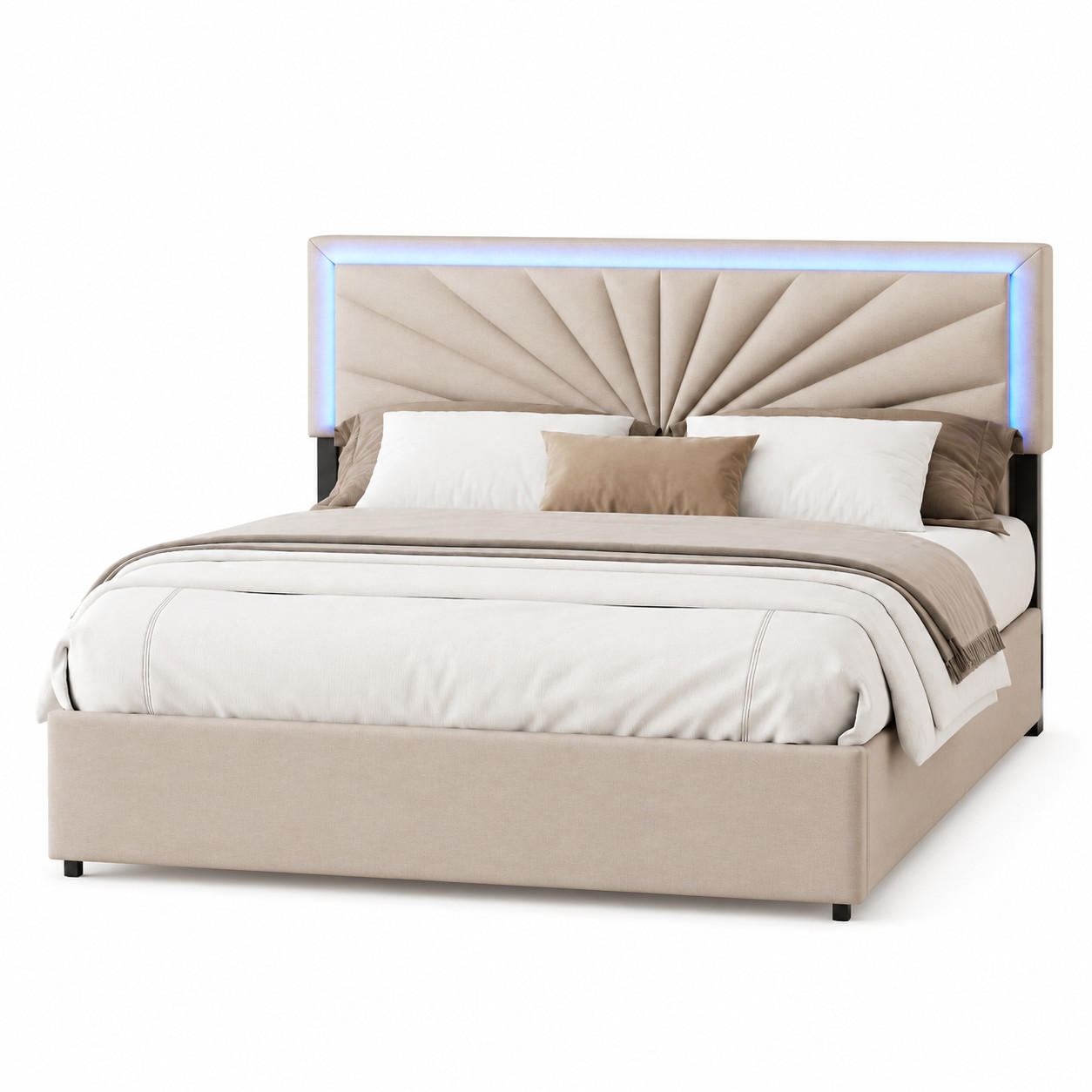 POLSTERBETT 160/200 cm mit LED-Beleuchtung am Kopfteil - Beige, Holz/Metall (160/200cm) - Joyfair