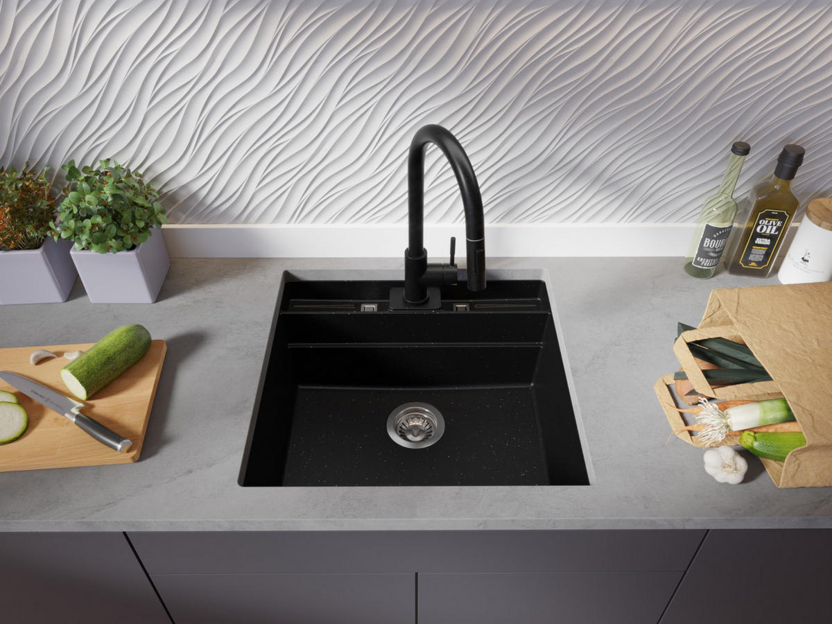 UNTERBAUSPÜLE GRANIT Bergen Pocket, 2-er set Schwarz Metallic 56/54 cm 1 Becken + Ablauf-Set + Küchenzubehörset ab 60er Unterschrank - Chromfarben/Schwarz Hochglanz, Kunststoff (56/20/54cm) - Primagran