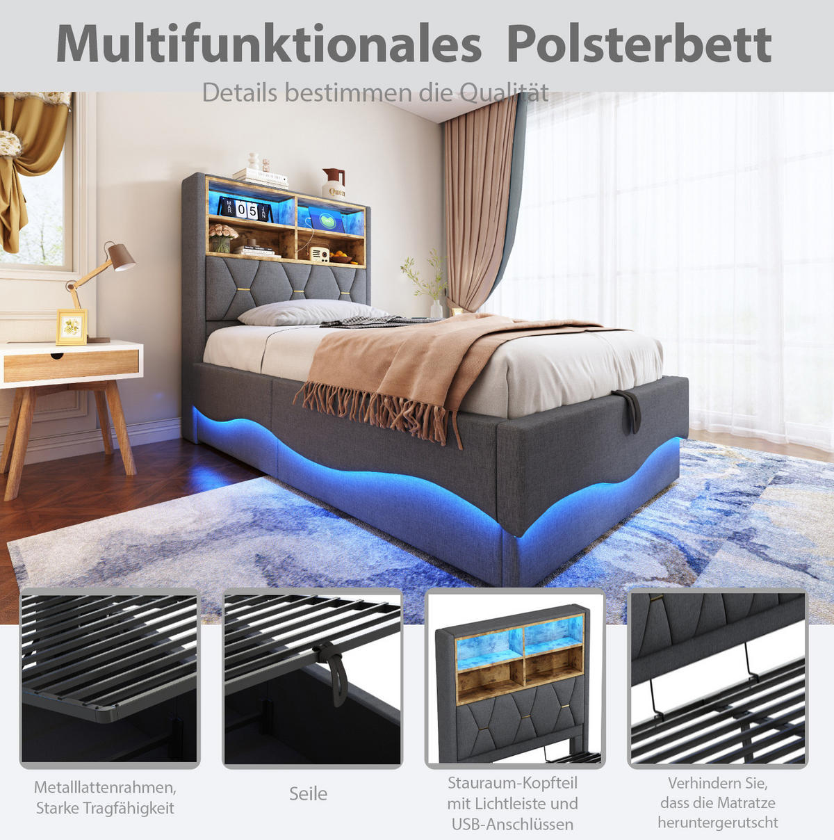KINDERBETT 90/200 cm Grau aus Leinen und Metall mit LED-Beleuchtung und Stauraum - Grau, Metall (90/200cm) - OKMYHOME