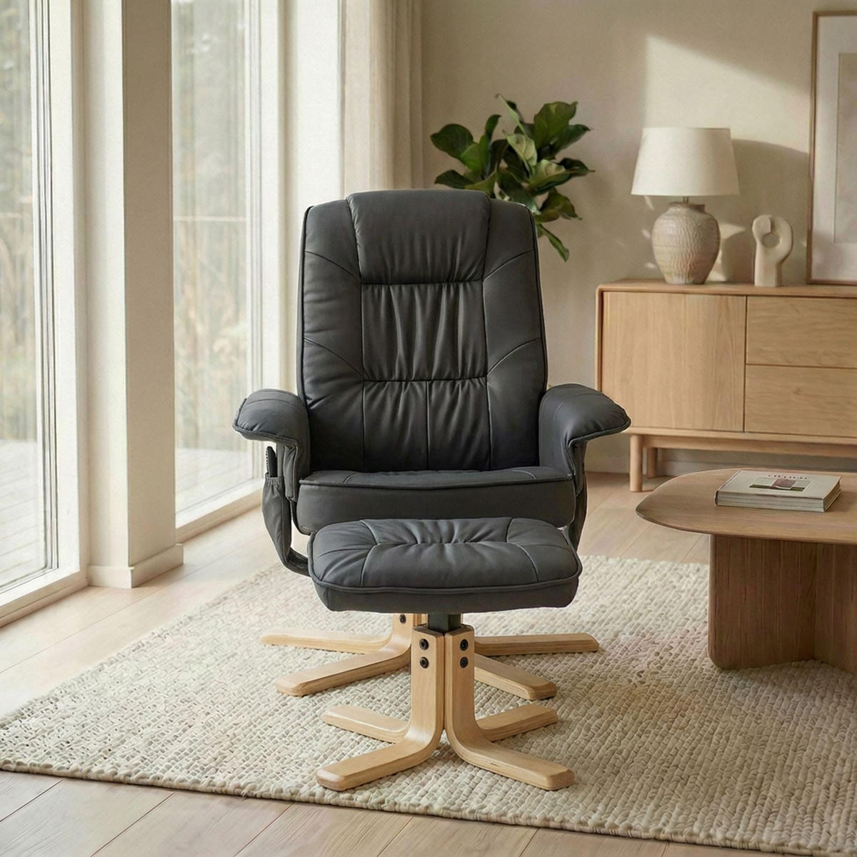 RELAXSESSEL KUNSTLEDER, SET MIT HOCKER CHARLY - Grau, Textil (76/87/61cm) - IDIMEX