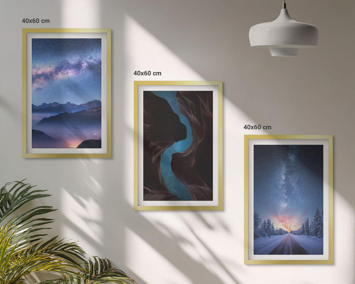 WANDBILDER 3er Set - 40x60 cm Goldrahmen - Nachthimmel, Berge, Winterlandschaft - Goldfarben, Kunststoff (40/60cm) - ArtPrintCave