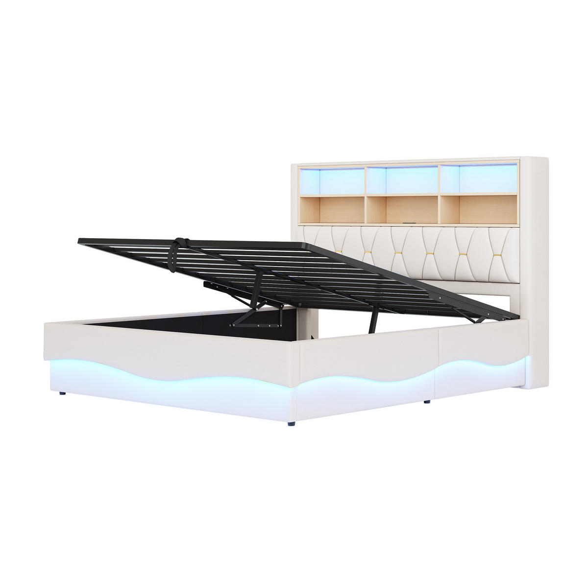 POLSTERBETT 180/200 cm mit hydraulischem Stauraum und LED-Beleuchtung - Beige, Metall (180/200cm) - OKWISH