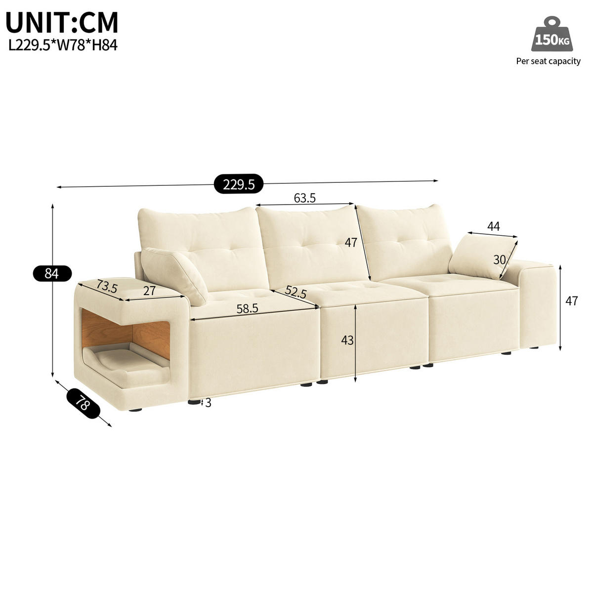 3-SITZER-SOFA 229,5/78/84 cm mit Stauraum, Haustiernischen und Samtbezug, Beige - Beige, Textil (229.5/84/78cm) - Redom