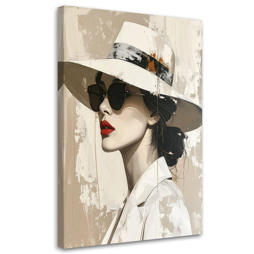 WANDBILD, Elegante Frau mit Hut in beiger Komposition - Weiß, Textil (80/120cm) - Feeby