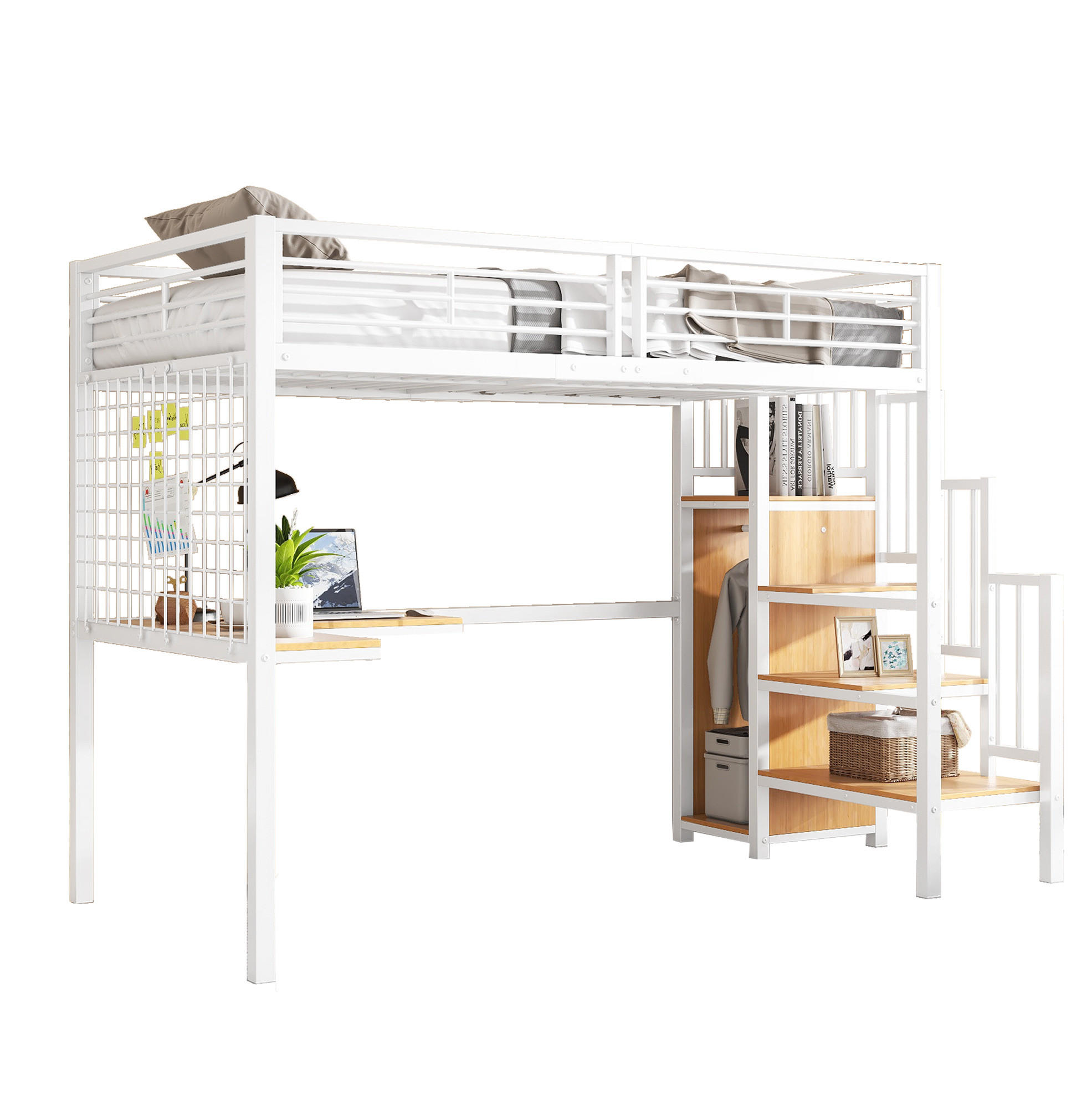 HOCHBETT 90/200 cm Weiß/Natur aus Eisen und Spanplatte mit Kleiderschrank und Tisch - Weiß, Holzwerkstoff (90/200cm) - OKMYHOME