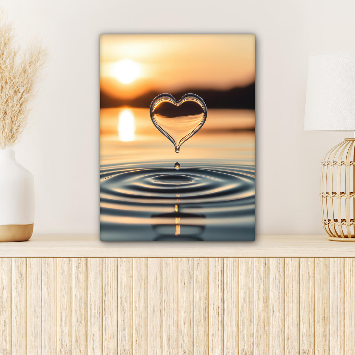 LEINWANDBILD - Herz - Wasser - Sonnenuntergang - Natur - Zen - 30x40 - Bilder - Bernsteinfarben, Textil (30/40cm) - MuchoWow