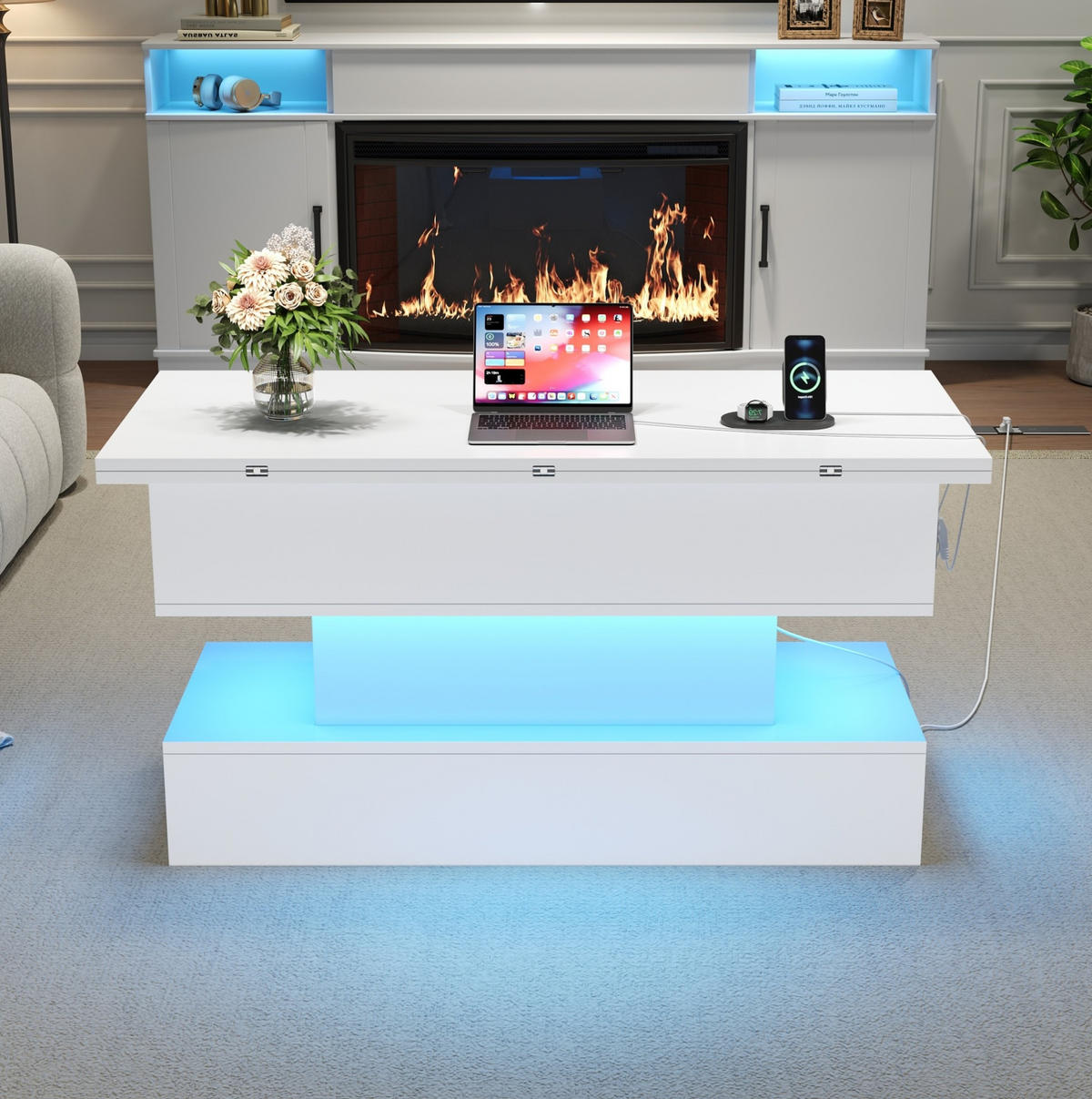 COUCHTISCH aus Spanplatte 100x50x51,5 cm in Weiß mit LED & Steckdose - Weiß, Holzwerkstoff (100/50/51.5cm) - Modfu