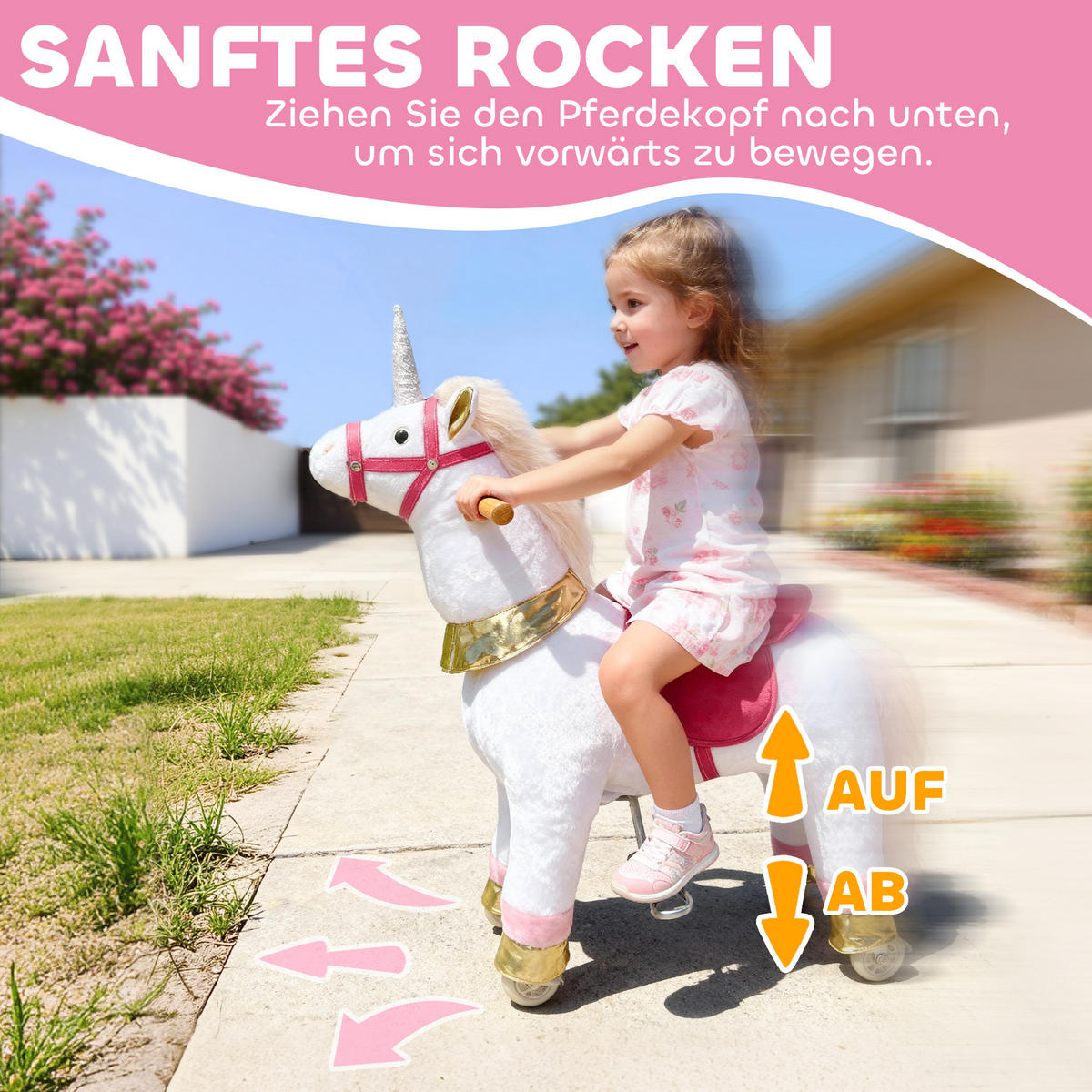 REITPFERD auf Rollen Spielpferd zum Reiten mit Einhorn-Design Weiß - Multicolor, Textil (36/96/96cm) - AIYAPLAY