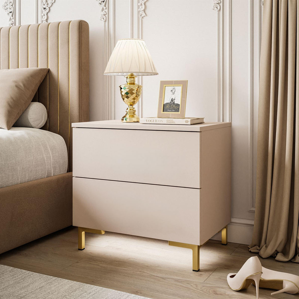 NACHTTISCH LINA KASCHMIR mit LED-Beleuchtung, goldenen Beinen - Kaschmir, Holzwerkstoff (55/52/37cm) - Lookway