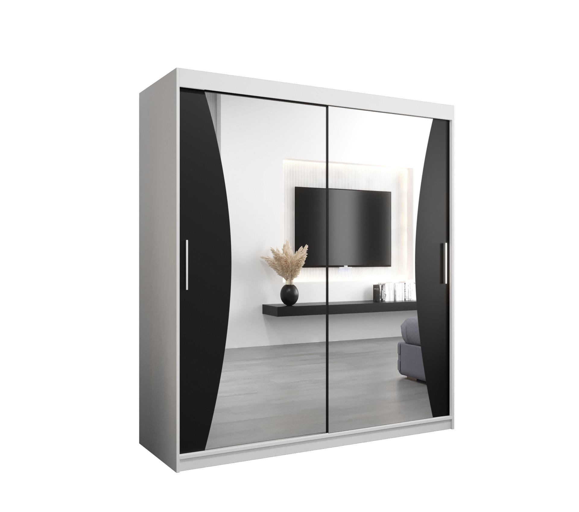 Abiks Möbel Schwebetürenschrank Weiß, Schwarz 180x200x62 cm