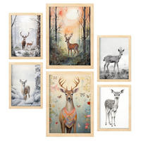 POSTER Set Mit 6 Hirsche A3 & A4 Rahmen Aus Hellem Holz - Beige, Papier (29/3cm) - Nacnic