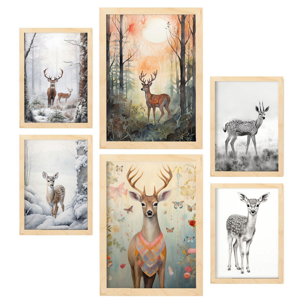 POSTER Set Mit 6 Hirsche A3 & A4 Rahmen Aus Hellem Holz - Beige, Papier (29/3cm) - Nacnic