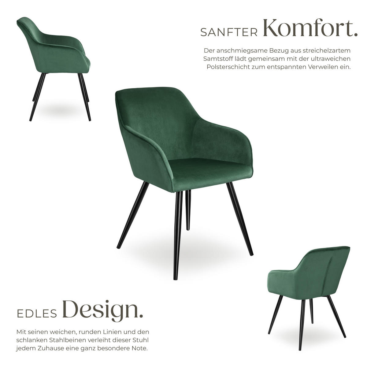 ESSZIMMERSTUHL 4er Set Marilyn,58 x 62 x 82 cm,dunkelgrün/schwarz - Dunkelgrün/Schwarz, Textil (58/82/62cm) - tectake