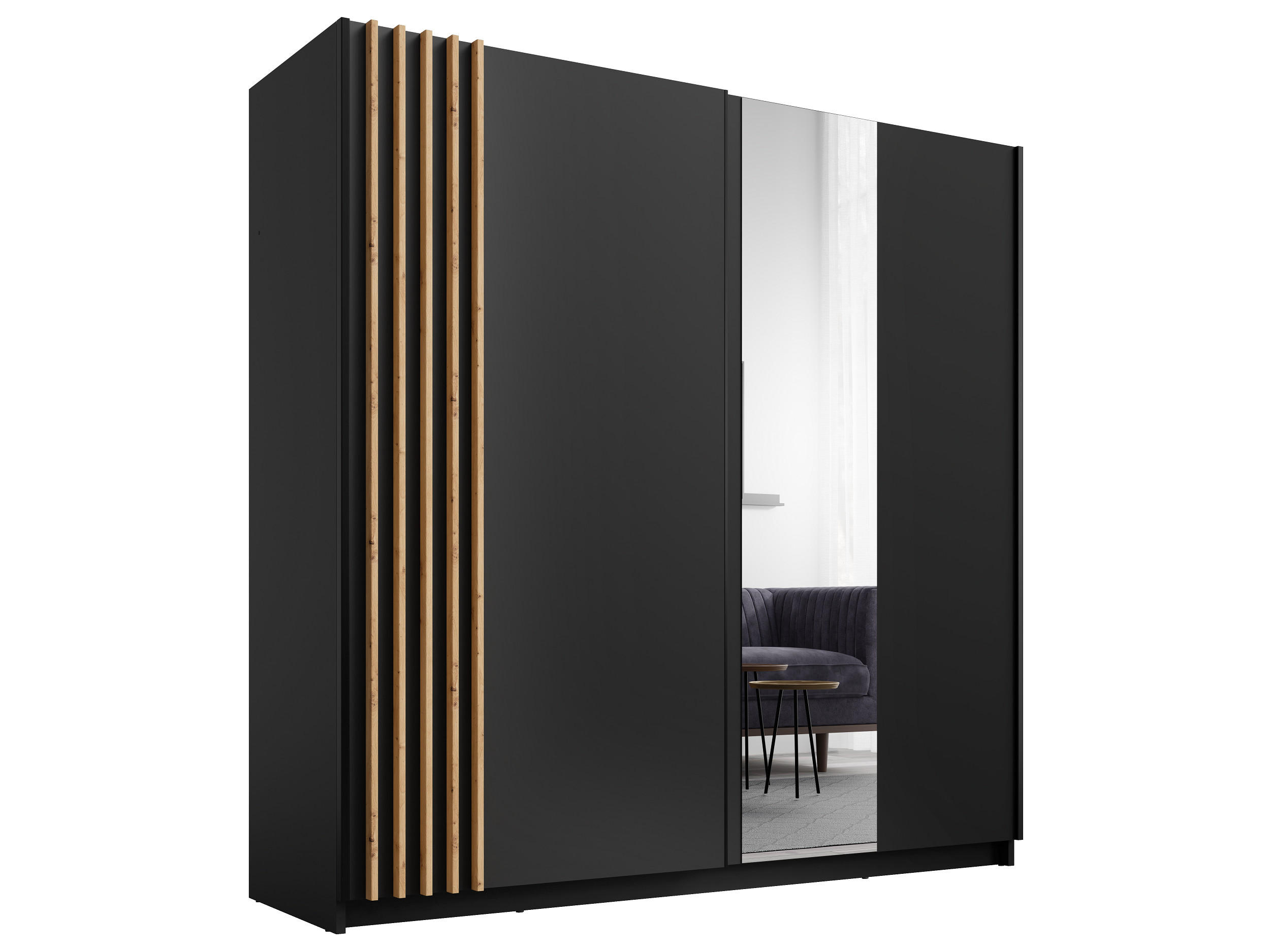 SCHIEBETÜRENSCHRANK BAVORA 12 -200,6×198,5×62 cm mit Spiegel, Regalen & Kleiderstange Schwarz - Schwarz, Holz/Holzwerkstoff (200.6/198.5/62cm) - Milaros Markt