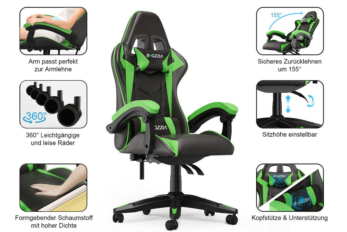 GAMING-STUHL ergonomisch, verstellbare Rückenlehne, Kissen – Grün - Grün, Leder (59/120/56cm) - Rattantree