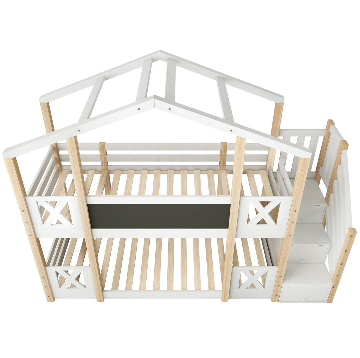 HAUSBETT 90/200 cm in Weiß/Natur mit Treppe, Stauraum und Tafel - Weiß, Holzwerkstoff (90/200cm) - BEAOK