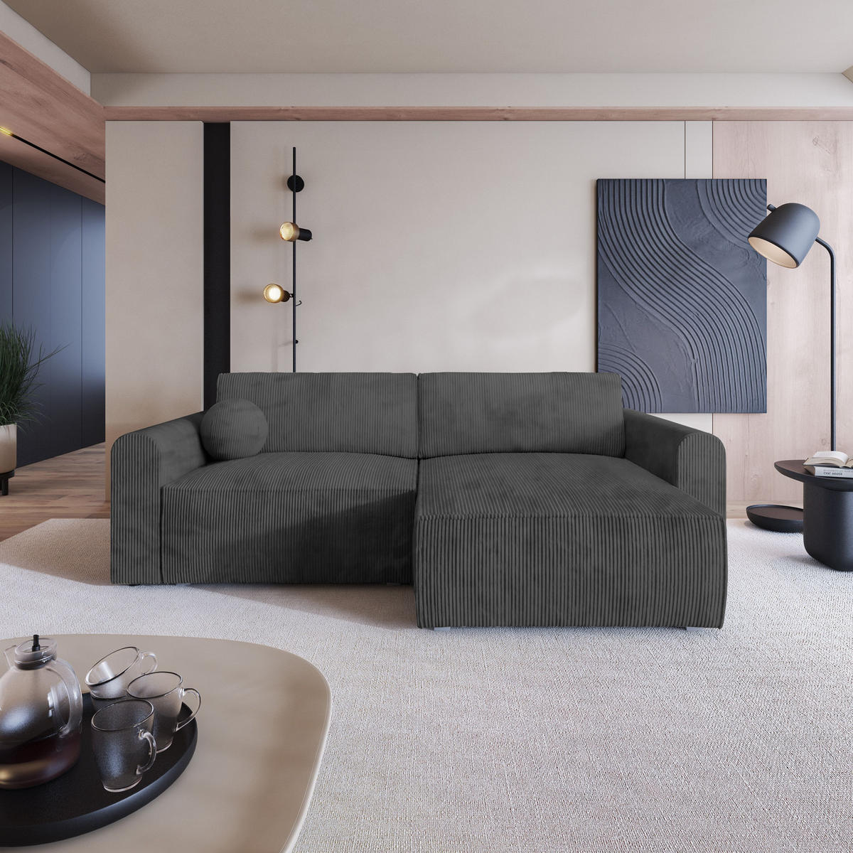 ECKSOFA FIANO P Graphitfarben Kordstoff mit Schlaffunktion - Graphitfarben/Grau, Holz/Kunststoff (245/148cm) - MASSENO