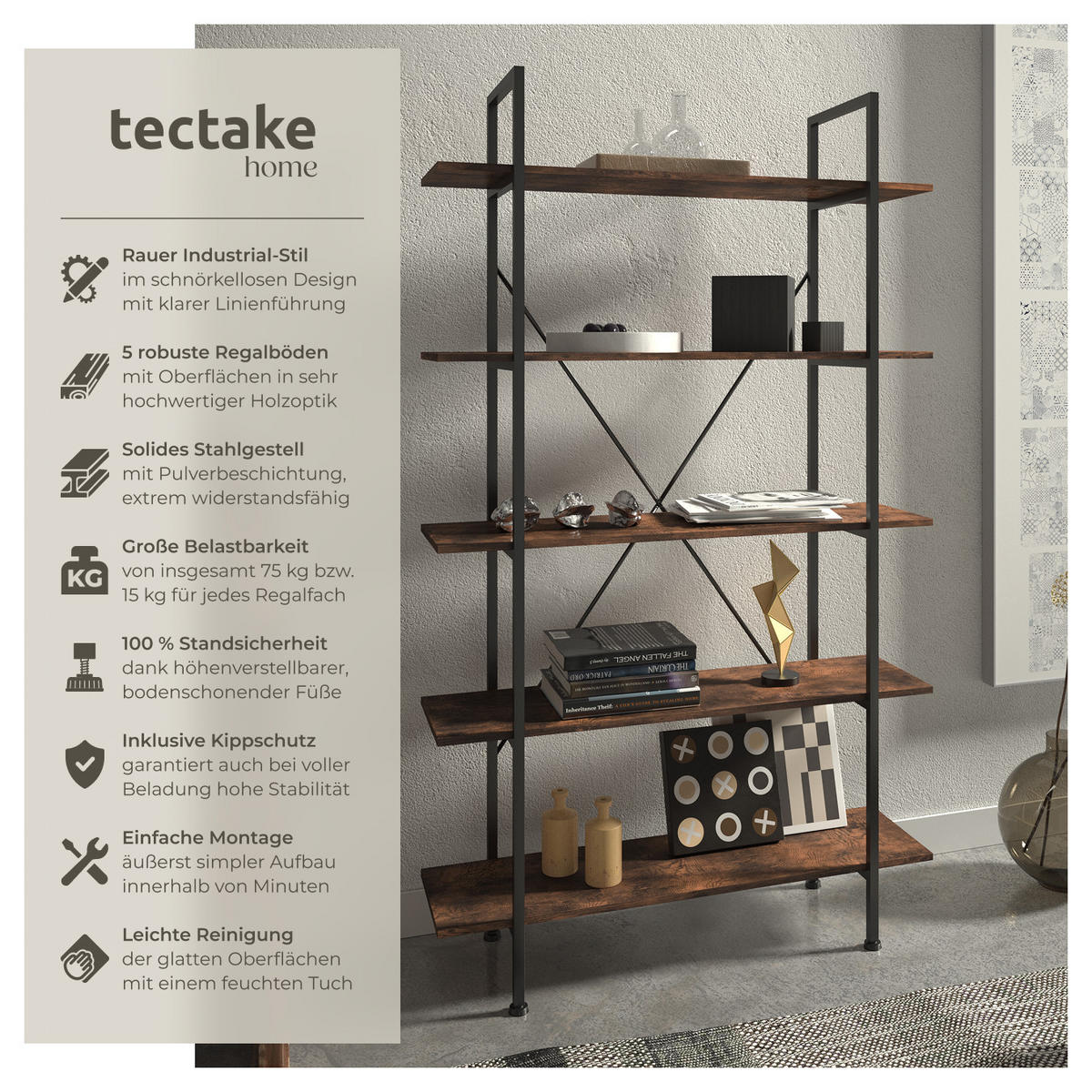 REGAL Glasgow,inklusive Kippschutz, 106 x 34,5 x 179,5 cm,Industrial Holz dunkel, rustikal - Rostfarben, Holz (34.5/179.5/106cm) - tectake