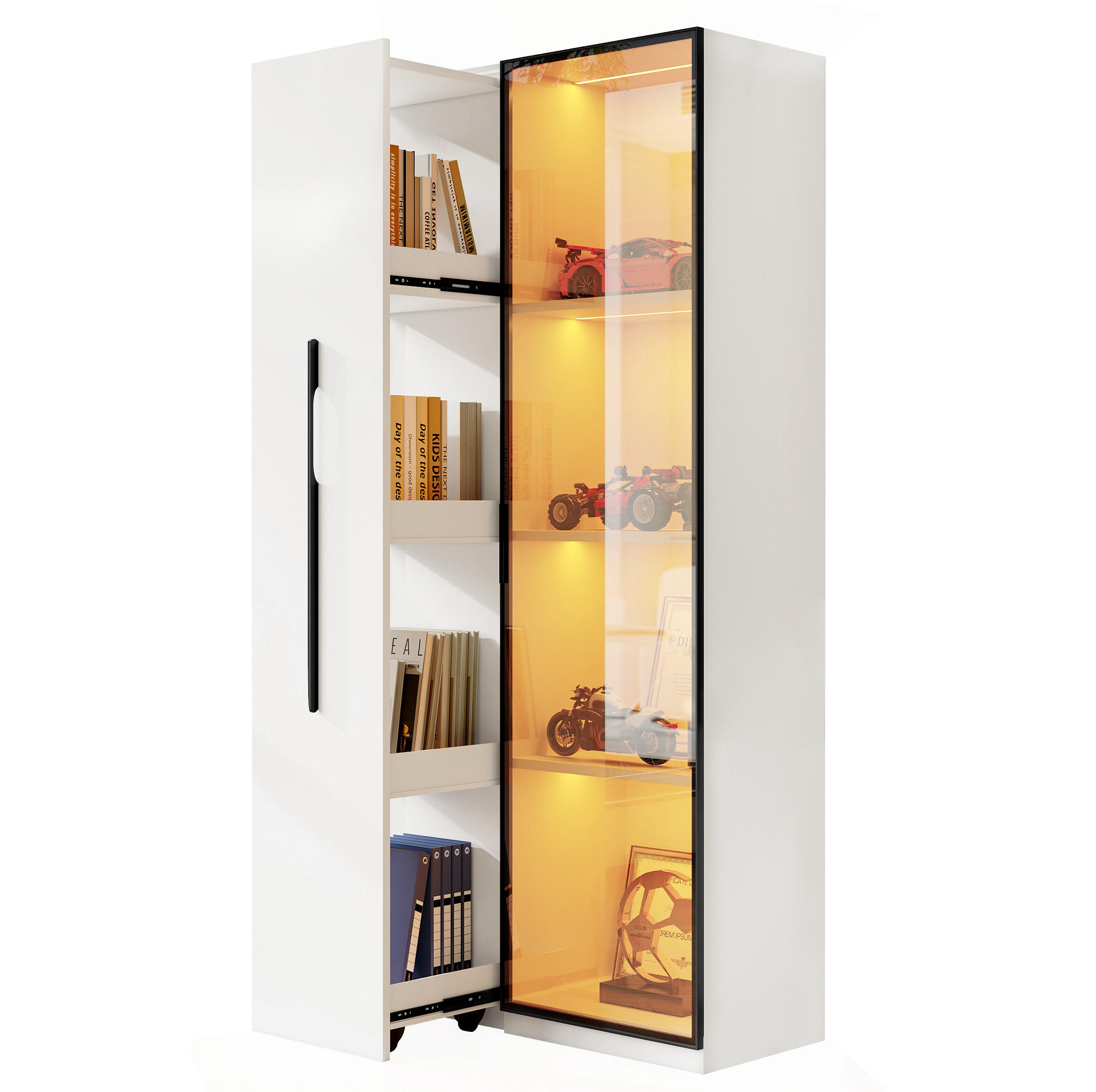 OKWISH BOČNÍ skříň 70/40/160 cm bílá z MDF s vitrínou, LED osvětlením a výsuvným regálem