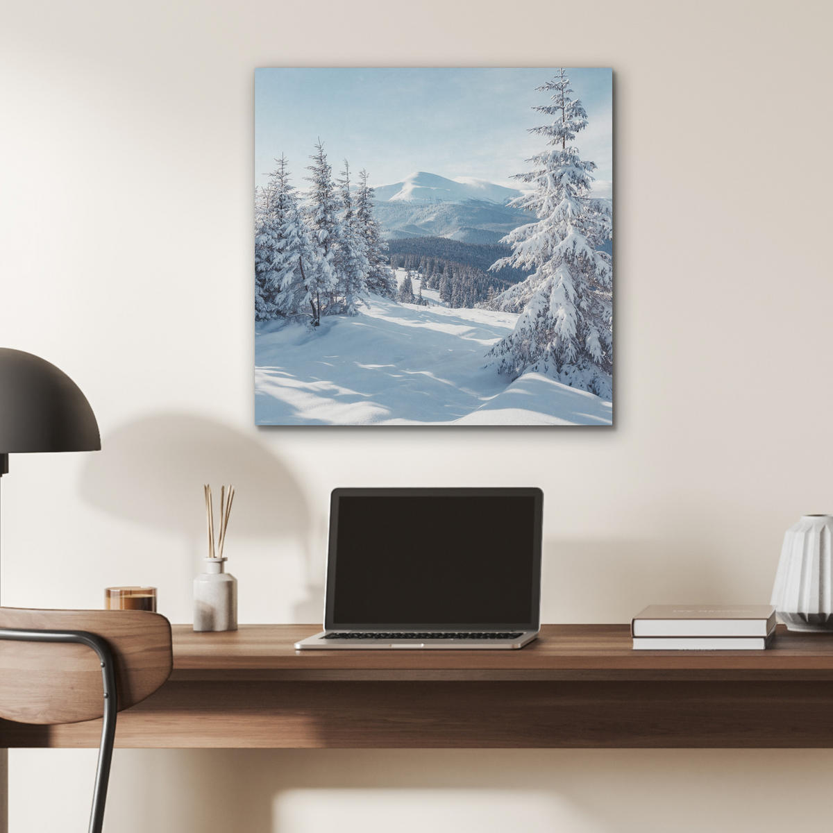 AKUSTIKBILD Winterlandschaft - Natur - Berge - Bäume - Schnee Wandbilder 60x60 cm - Hellblau, Kunststoff (60/60/0.9cm) - MuchoWow