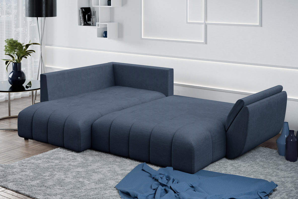 ECKSOFA L Form Corleone Blau 266/190/91 cm mit Schlaffunktion - Blau/Schwarz, Kunststoff/Textil (266/182cm) - AX Living