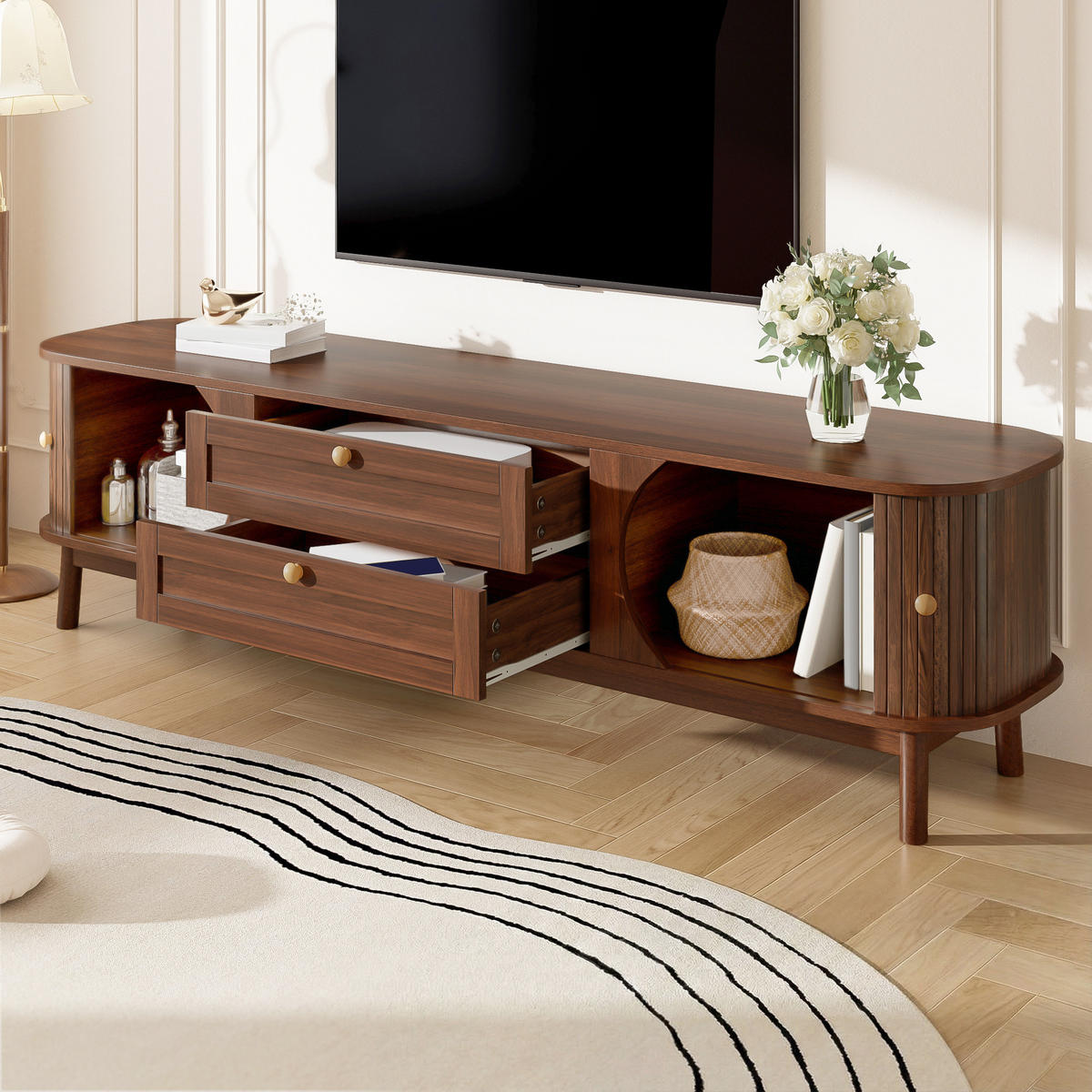 TV-SCHRANK Holzoptik Schubladen Stauraum modern - Walnussfarben, Holzwerkstoff (39.5/46/170cm) - FLIEKS