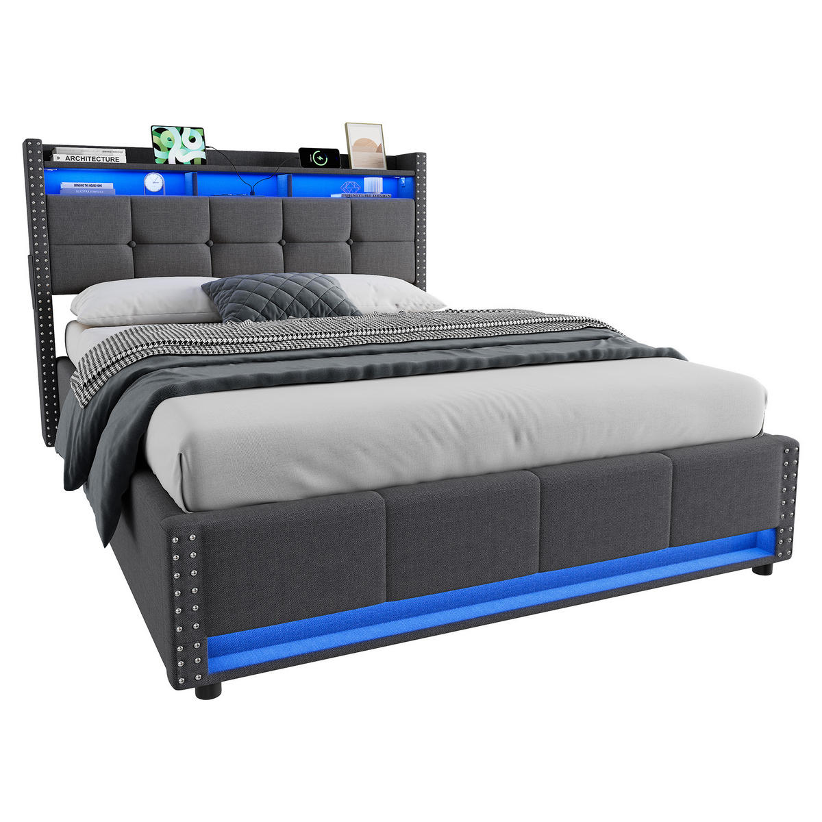 POLSTERBETT 140×200 mit Matratze und Bettkasten, LED und USB, Leinenbezug, in Grau - Grau, Holzwerkstoff/Textil (140/200cm) - STILVORA