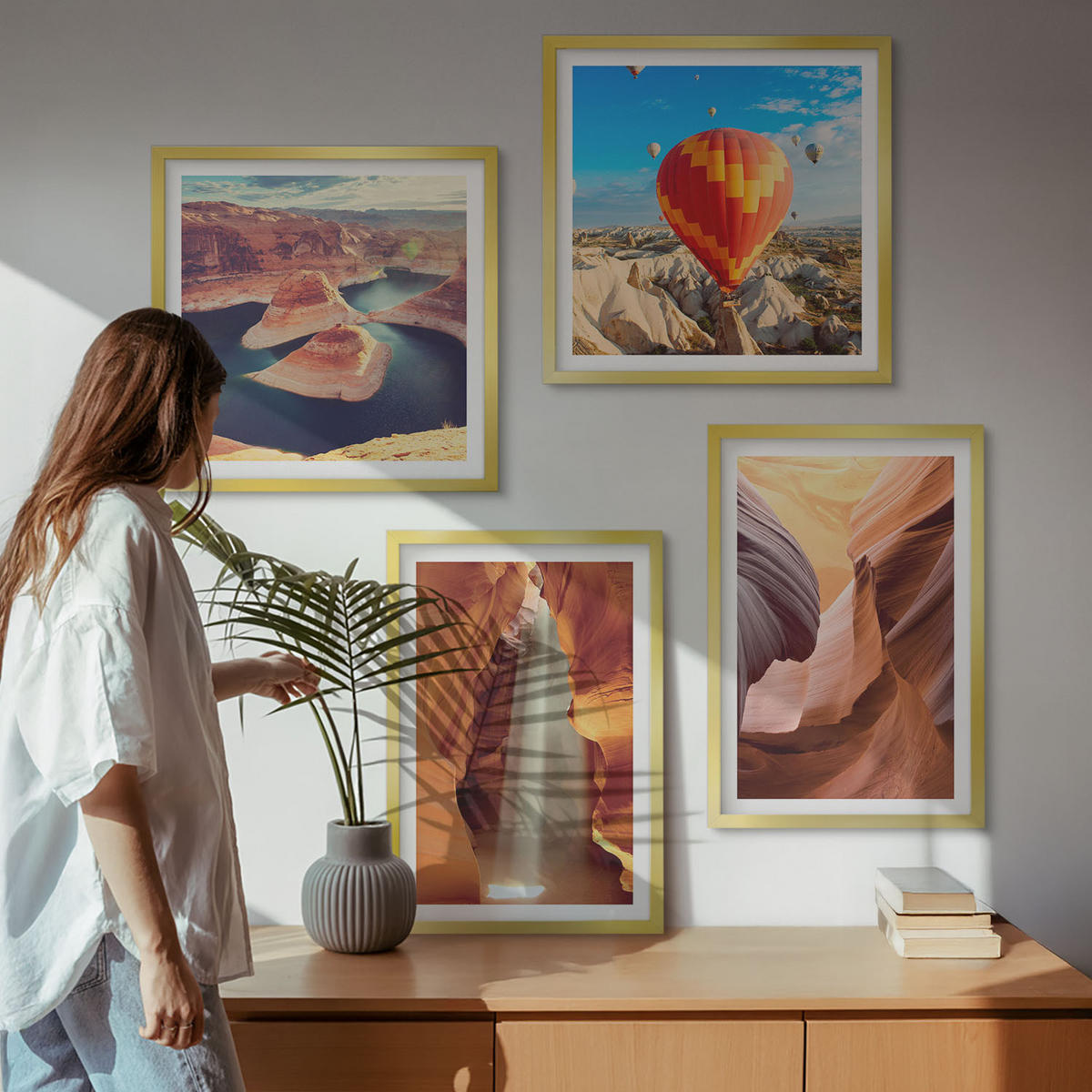 BILDER SET 4er Set - 50x50 cm & 40x60 cm Goldrahmen - Wasserfall in der Schlucht - Goldfarben, Kunststoff (50/50cm) - TULUP